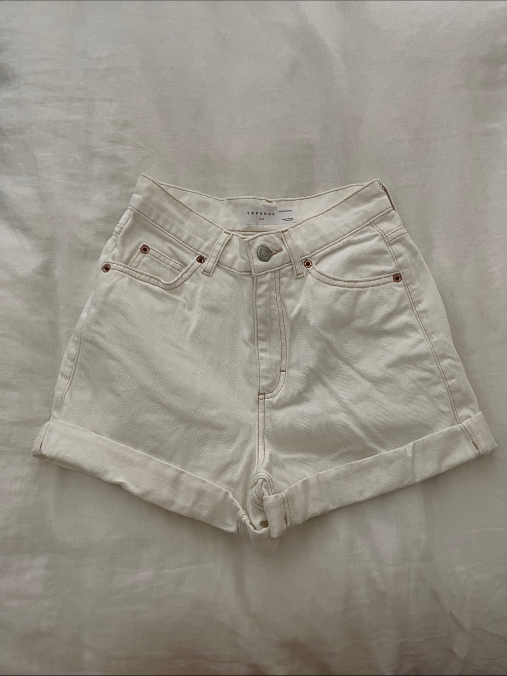 Topshop Cream High-Rise Cuffed Denim Shorts